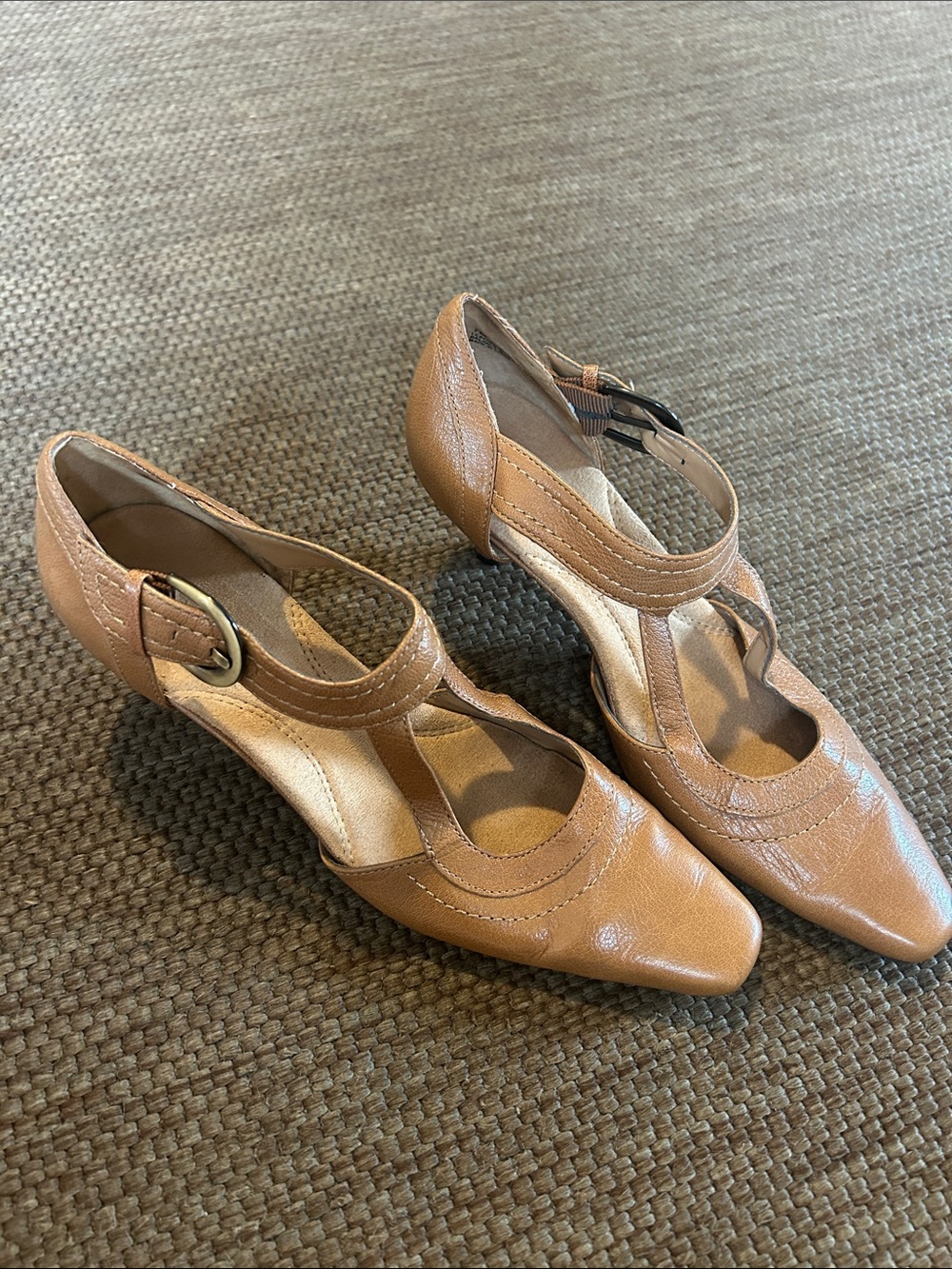 Classic Tan T-Strap Pointed Toe Pump with Buckle
